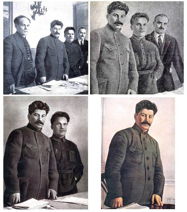 Przykład cenzury w ZSRR - na pierwszym zdjęciu Anippov, Stalin, Siergiej Kirow, Nikołaj Szwernik.