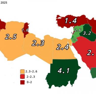 Współczynnik dzietności na Bliskim Wschodzie i w Afryce Północnej, 2025 (wyraźny spadek dzietności)