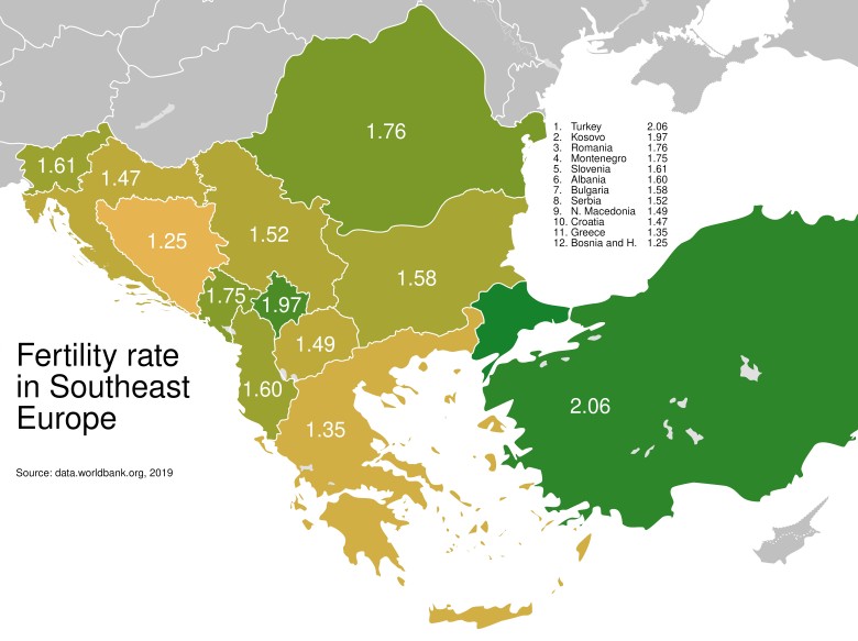 Dzietność w poszczególnych państwach bałkańskich z Turcją, 2019