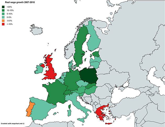 Mapa pokazująca, o ile wzrosły realne pensje w krajach EU (bez Chorwacji i Szwajcarii) od 2007 roku (dane Trade Union Congress).