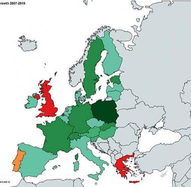 Mapa pokazująca, o ile wzrosły realne pensje w krajach EU (bez Chorwacji i Szwajcarii) od 2007 roku (dane Trade Union Congress).