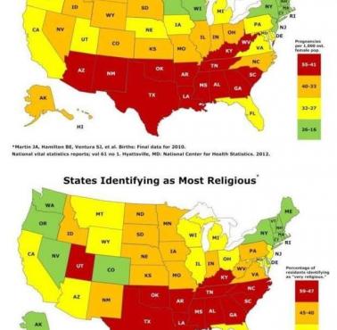 Wskaźnik urodzin w poszczególnych stanach USA, na drugiej mapce stany najbardziej religijne.