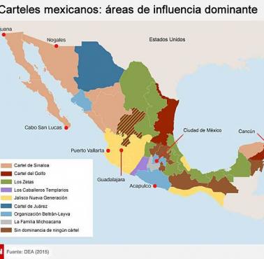 Mapa z naniesiony kartelami narkotykowymi Meksyku (dane CNN, Drug Enforcement Administration).
