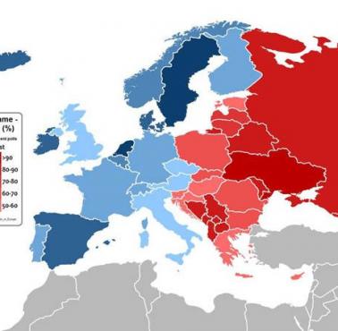Poparcie dla wprowadzenia małżeństw jednopłciowych w poszczególnych krajach Europy.