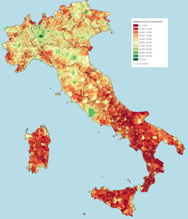 Średnie dochody na osobę we włoskich gminach.