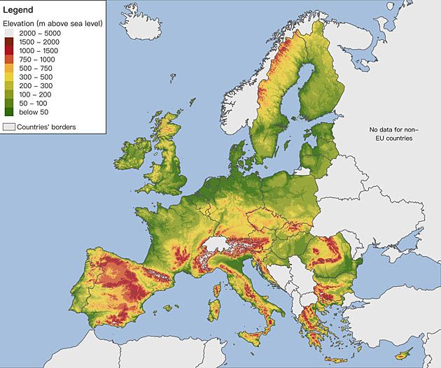 Góry i naniesione granice państw w Europie.