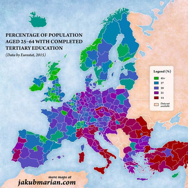 Odsetek mieszkańców Europy, którzy mają wyższe wykształcenie, 2015