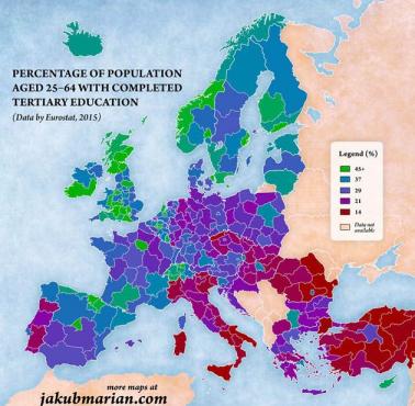 Odsetek mieszkańców Europy, którzy mają wyższe wykształcenie, 2015