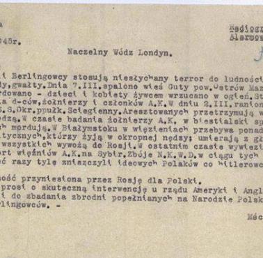 Berlingowcy i NKWD, meldunek Komendy Okręgu Sarna do Naczelnego Wodza w Londynie, marzec 1945.