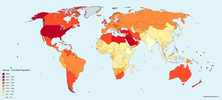 Odsetek otyłych wśród dorosłych według kraju (źródło: CIA World Factbook)