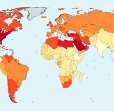 Odsetek otyłych wśród dorosłych według kraju (źródło: CIA World Factbook)