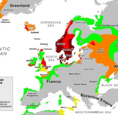 Ekspansja wikingów w Europie od początku VIII wieku.