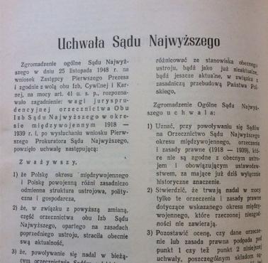 Uchwała Sądu Najwyższego "dezaktualizująca" orzecznictwo międzywojenne w 1949 roku.