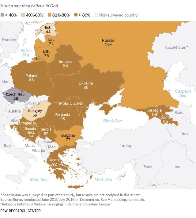 Wiara w Boga w poszczególnych państwach Europy wschodniej i środkowej, 2015-2016