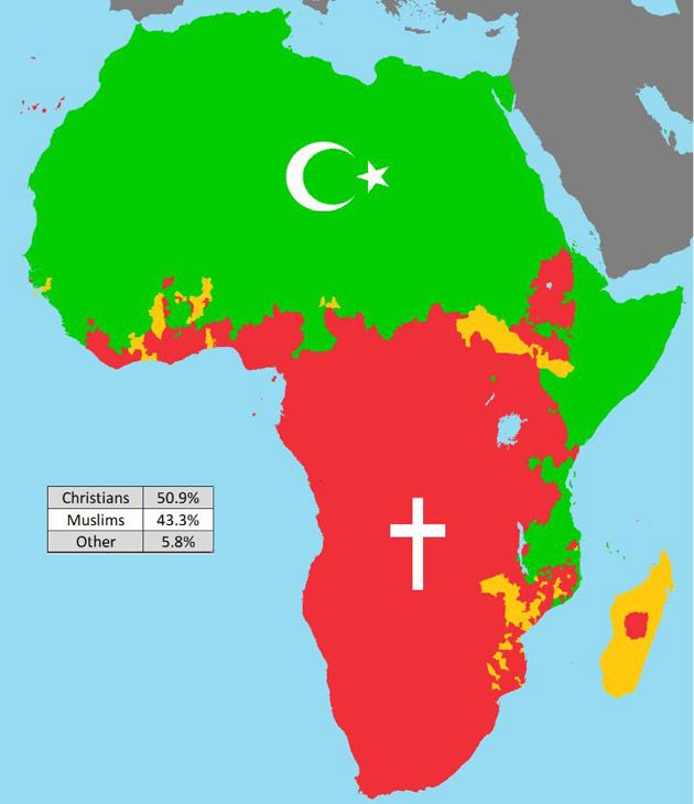 Afryka z naniesionymi dominującymi religiami.