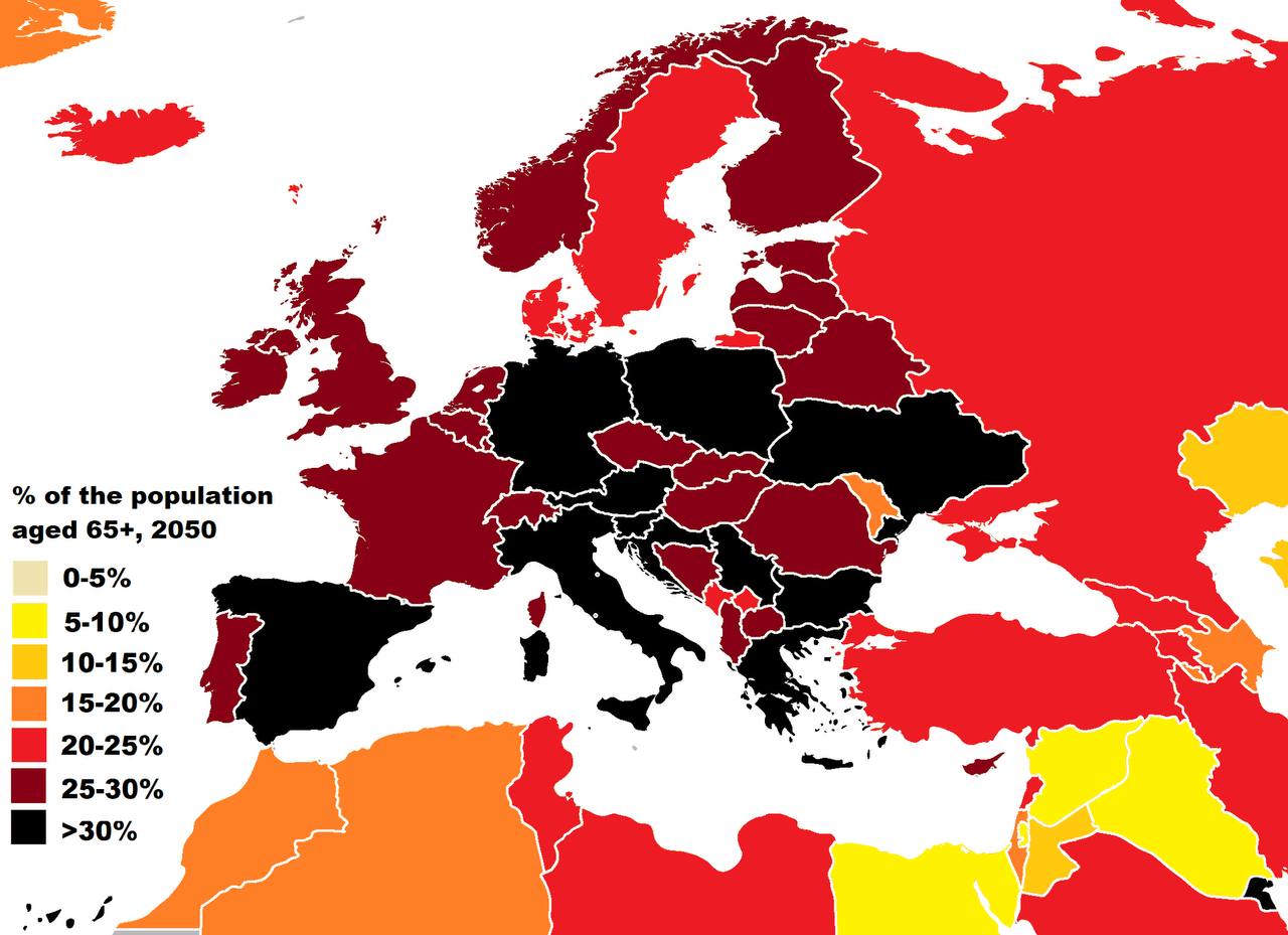 Przewidywane zmiany w populacji w poszczególnych europejskich krajach, perspektywa do 2050, odsetek osób 65+