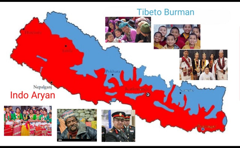 Mapa etniczna Nepalu pokazująca podział na mieszkańców pochodzenia indoeuropejskiego i chińsko-tybetańskiego
