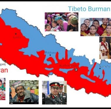 Mapa etniczna Nepalu pokazująca podział na mieszkańców pochodzenia indoeuropejskiego i chińsko-tybetańskiego