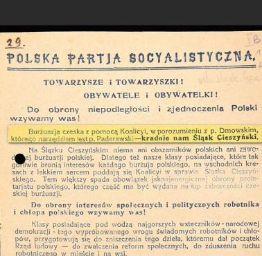 Tracimy Zaolzie - Paderewski narzędziem Dmowskiego!  "Polska Partia Socyalistyczna Towarzysze i Towarzyszki!