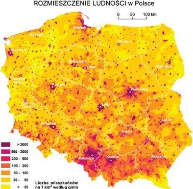 Liczba mieszkańców Polski na 1 km2 według gmin.