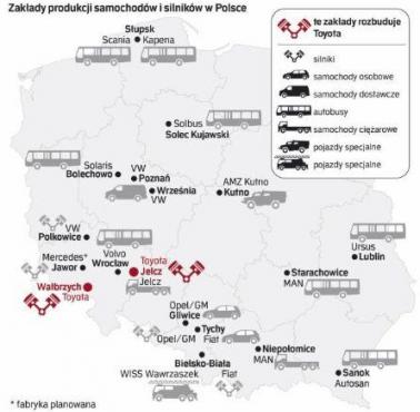 Mapa inwestycji motoryzacyjnych w Polsce.