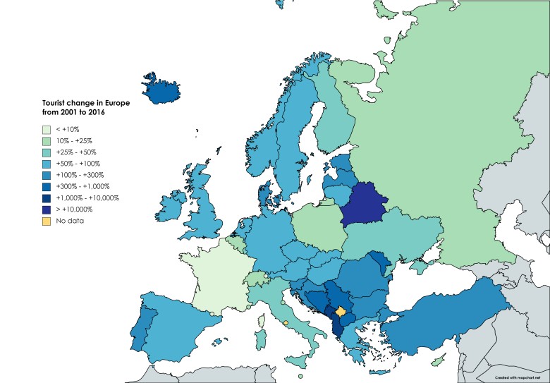 Liczba turystów w Europie od 2001 do 2016 roku
