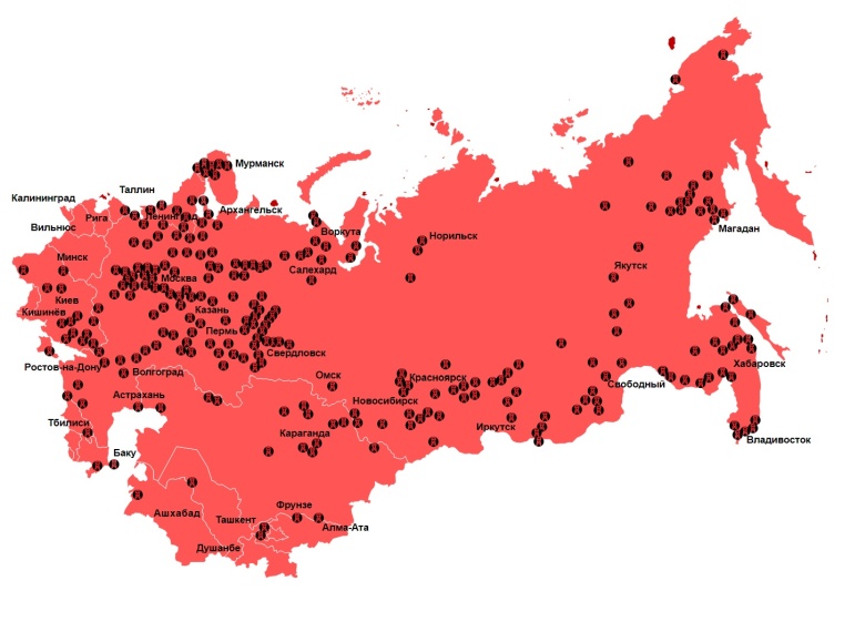Mapa sowieckich gułagów w latach 1921-61