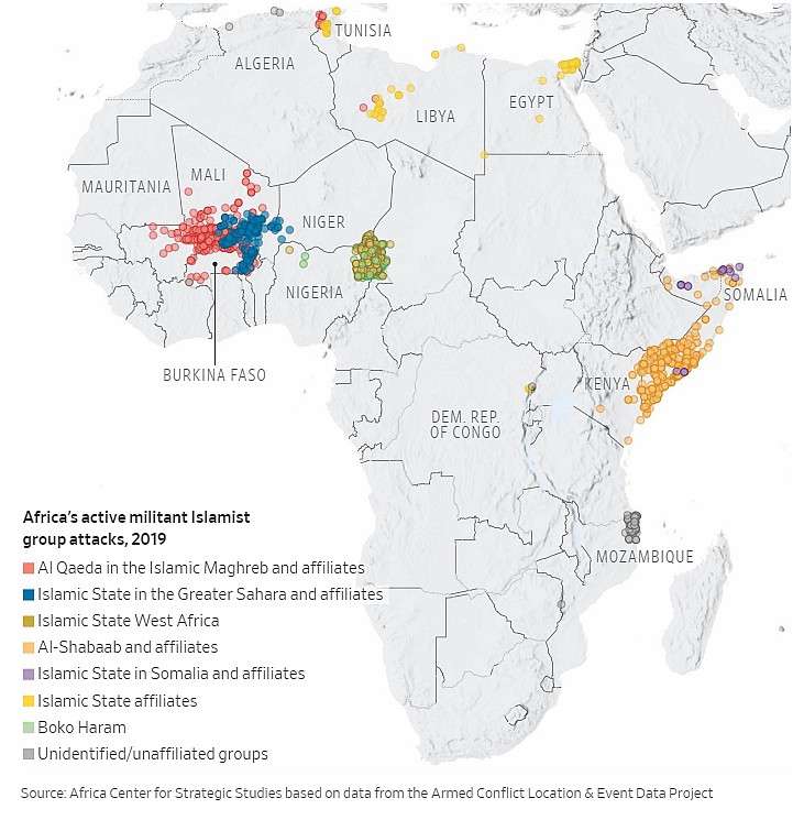 Ma przedstawiająca ataki terrorystyczne w Afryce w 2019 roku