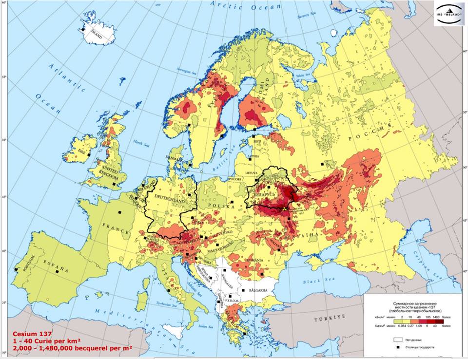 Mapa opadu radioaktywnego po katastrofie w Czarnobylu.