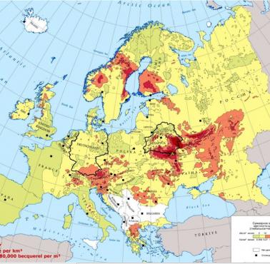 Mapa opadu radioaktywnego po katastrofie w Czarnobylu.