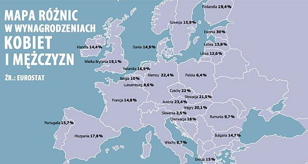 Mapa różnić w wynagrodzeniach kobiet i mężczyzn.