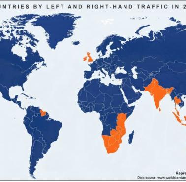 Ruch lewostronny (niebieski) i prawostronny na świecie (czerwony), 2017