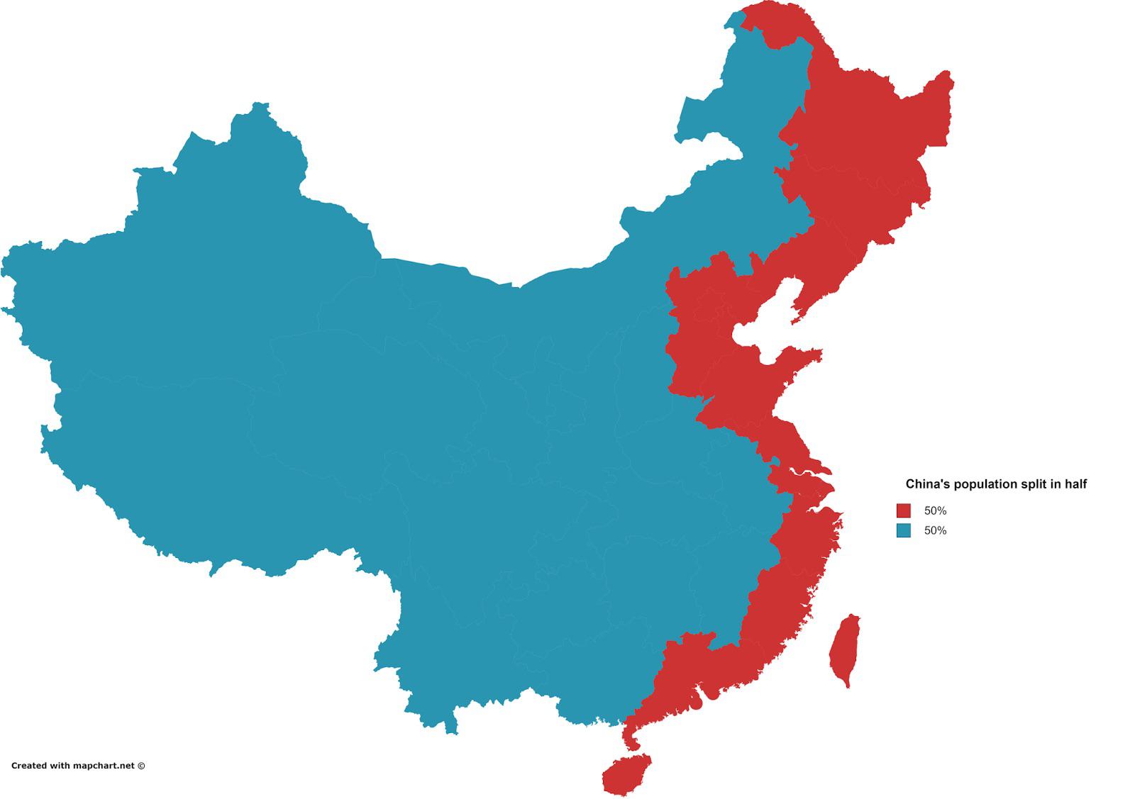 Mapa pokazuje, gdzie mieszka połowa ludności Chin