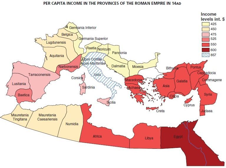 Dochód PKB per capita (produkt krajowy brutto a głowę) w poszczególnych prowincjach rzymskiego imperium.