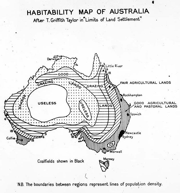 Nietypowa mapa Australii z połowy XX wieku.