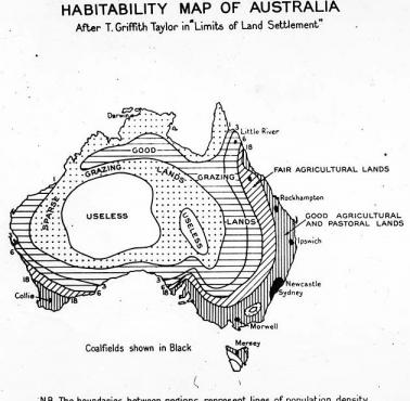 Nietypowa mapa Australii z połowy XX wieku.