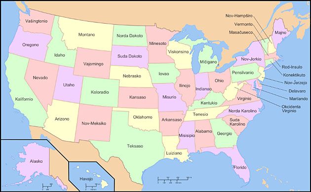 Stany w USA w języku esperanto.