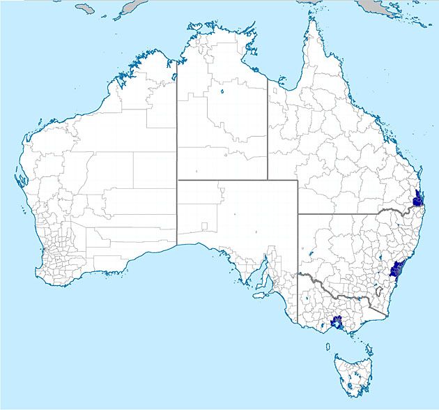 W miejscach zaznaczonych na granatowo mieszka połowa mieszkańców Australii.