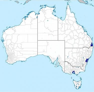 W miejscach zaznaczonych na granatowo mieszka połowa mieszkańców Australii.