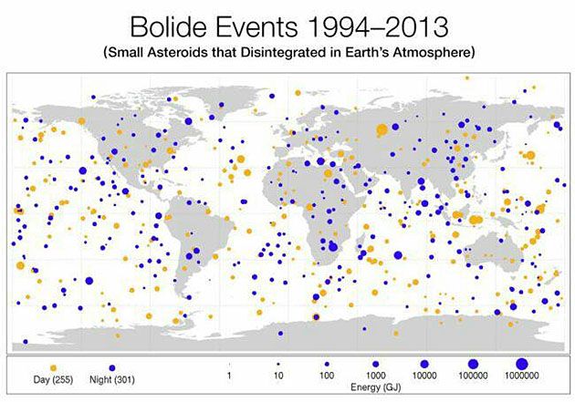 Lokalizacja miejsc zniszczenia niewielkich asteroid w ziemskiej atmosferze.