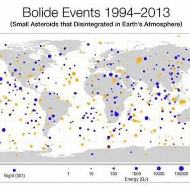 Lokalizacja miejsc zniszczenia niewielkich asteroid w ziemskiej atmosferze.