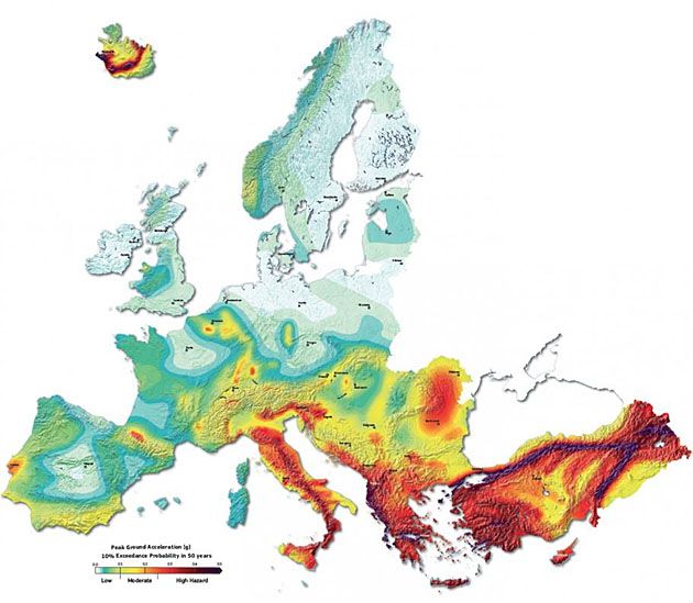 Ryzyko sejsmiczne na terenie Europy i Bliskiego Wschodu.