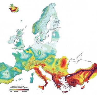 Ryzyko sejsmiczne na terenie Europy i Bliskiego Wschodu.