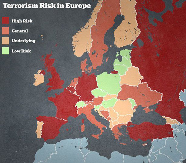 Ryzyko zamachu terrorystycznego w poszczególnych krajach Europy - dane brytyjskiego MSZ, 2016