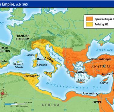 Zasięg Cesarstwa Bizantyjskiego w czasach Justyniana I Wielkiego
