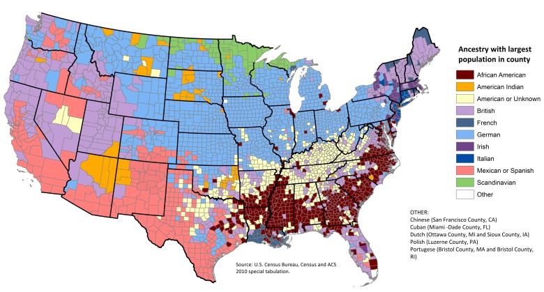 Pochodzenie/przodkowie mieszkańców USA, podział na hrabstwa, spis z 2010 roku