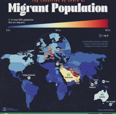 Państwa z największą ilczbą emigrantów, od 1990 do 2024 (304 mln)