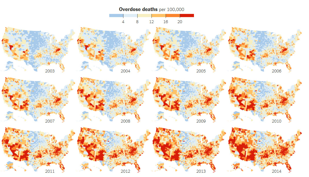 Śmierć w USA z powodu przedawkowania narkotyków, od 2003 - 2014