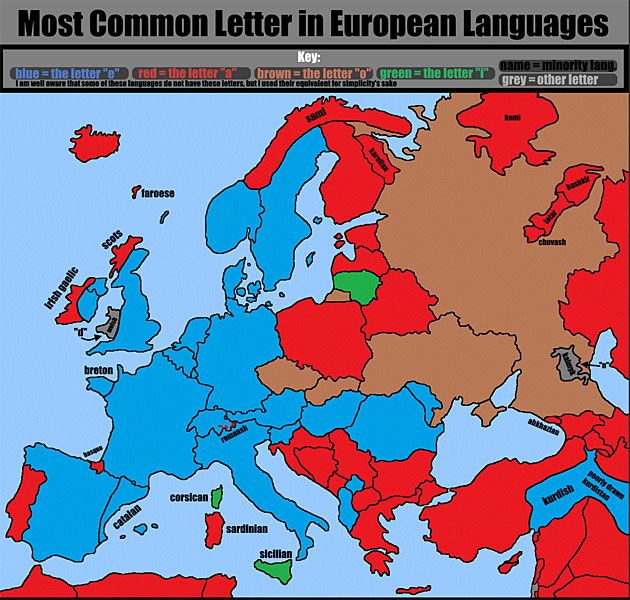 Najpopularniejsze litery alfabetu w poszczególnych europejskich krajach.