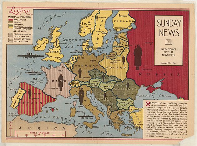 Mapa z naniesionym potencjałem militarnym trzy lata przed wybuchem II wojny w Europie (Sunday News New York).